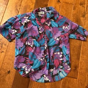 Caribbean Floral Button-Front Blouse — Purple & Teal